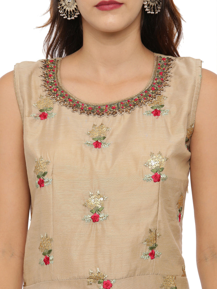 Neerus Beige Embroidered Kurta With Churidar & Dupatta