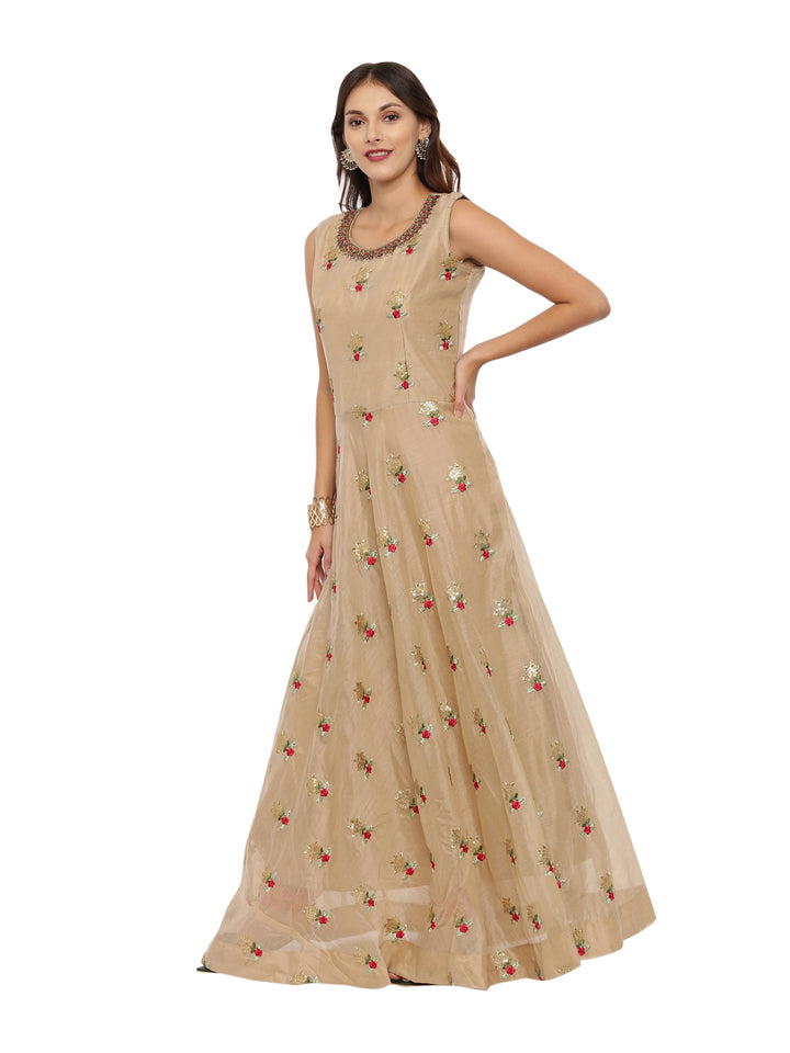 Neerus Beige Embroidered Kurta With Churidar & Dupatta