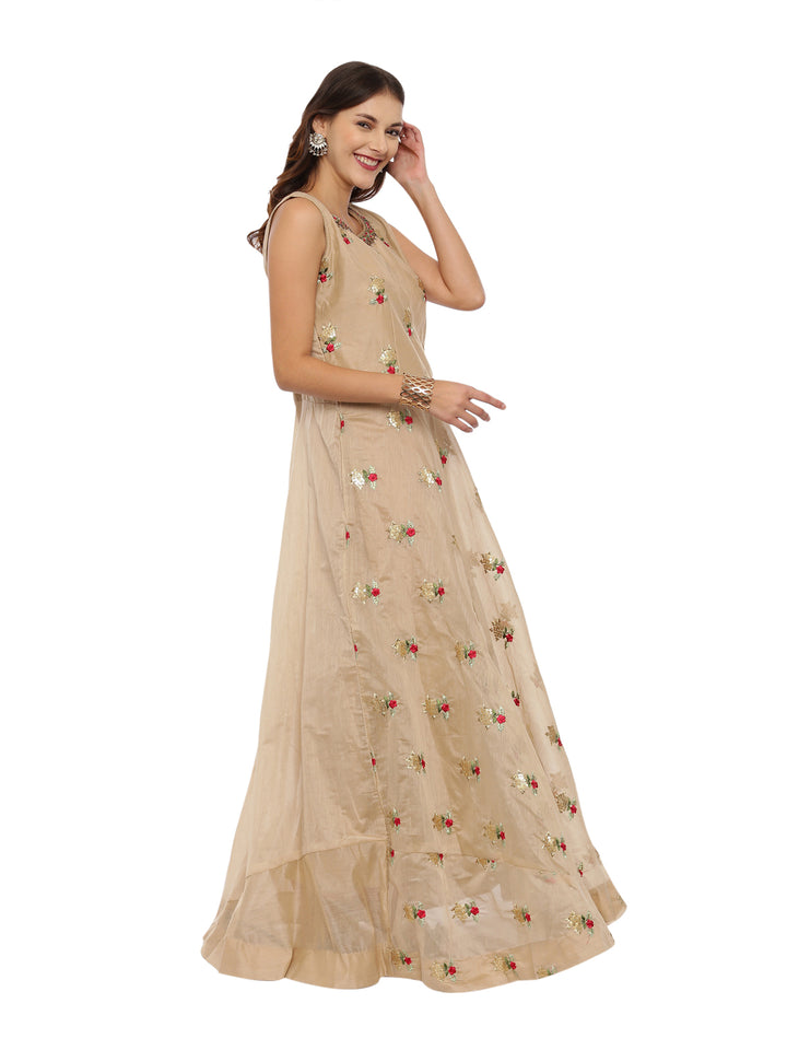 Neerus Beige Embroidered Kurta With Churidar & Dupatta