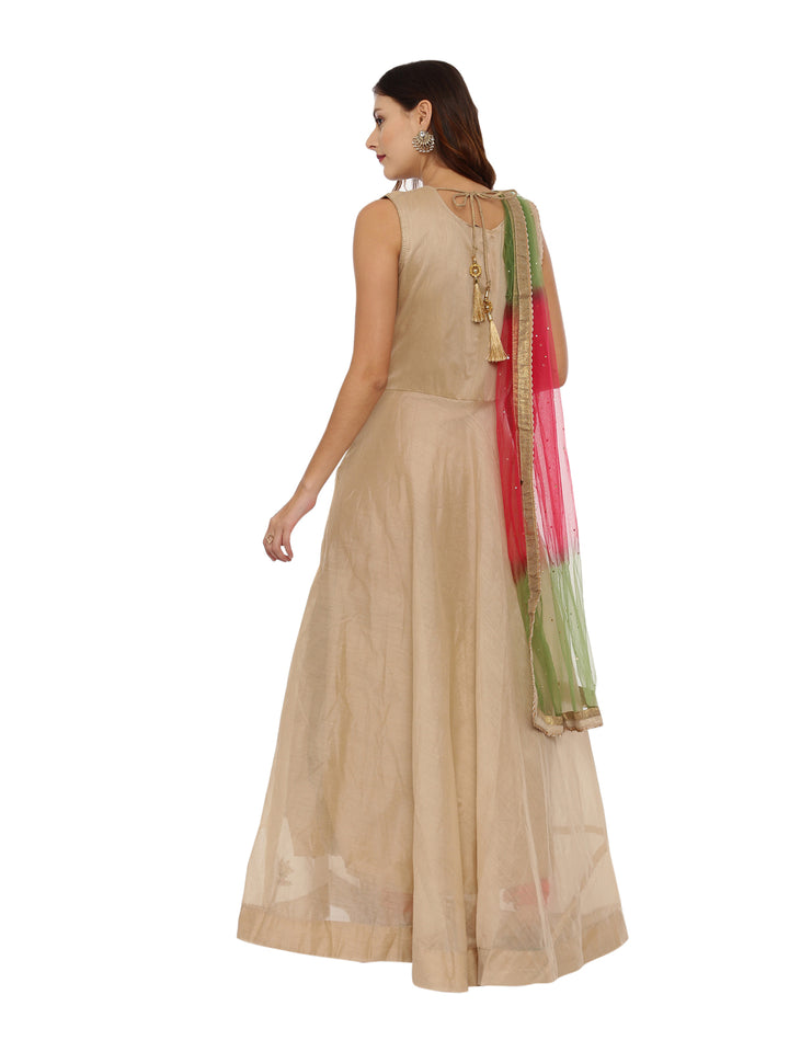 Neerus Beige Embroidered Kurta With Churidar & Dupatta