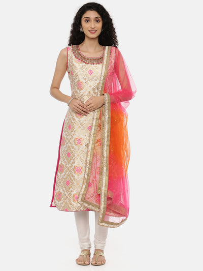 Neeru's Cream Color Banaras Fabric Sleeveless Suit-Straight