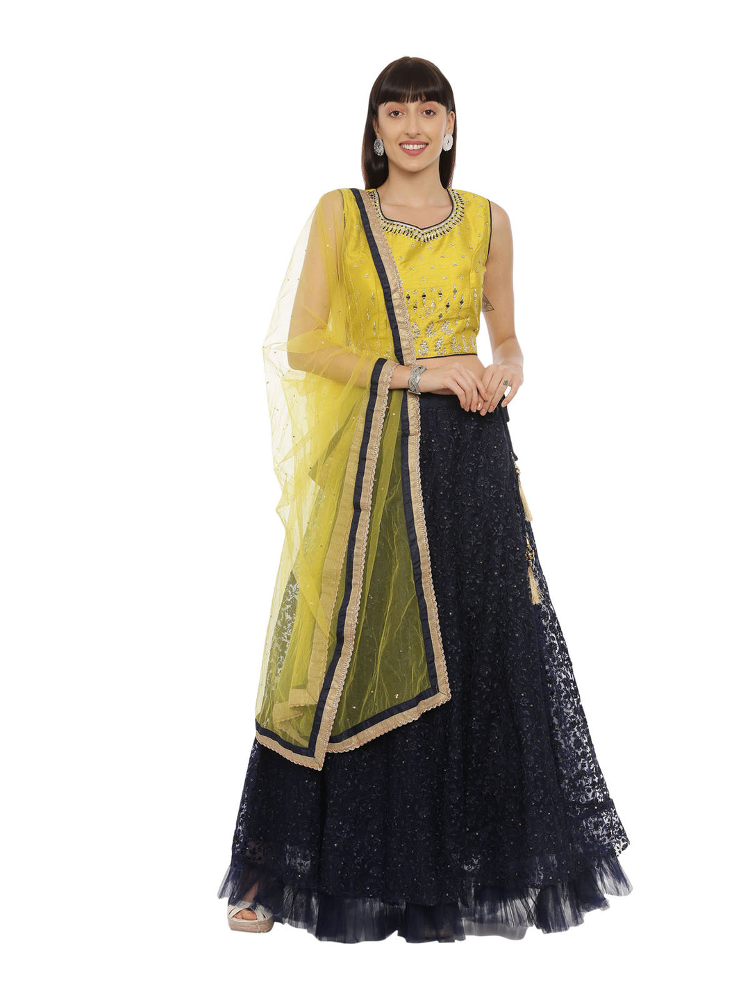 Neerus Yellow & Navy Embellished Lehenga Set