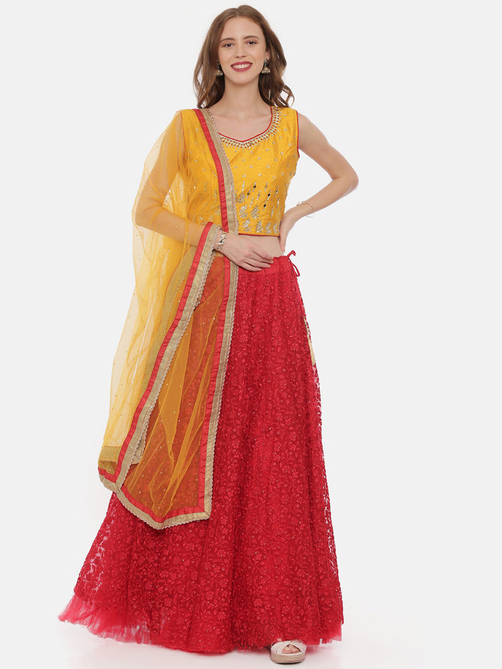 Neerus Yellow Red Color Nett Fabric Ghagra Set