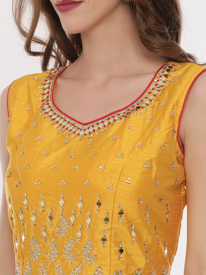 Neerus Yellow Red Color Nett Fabric Ghagra Set