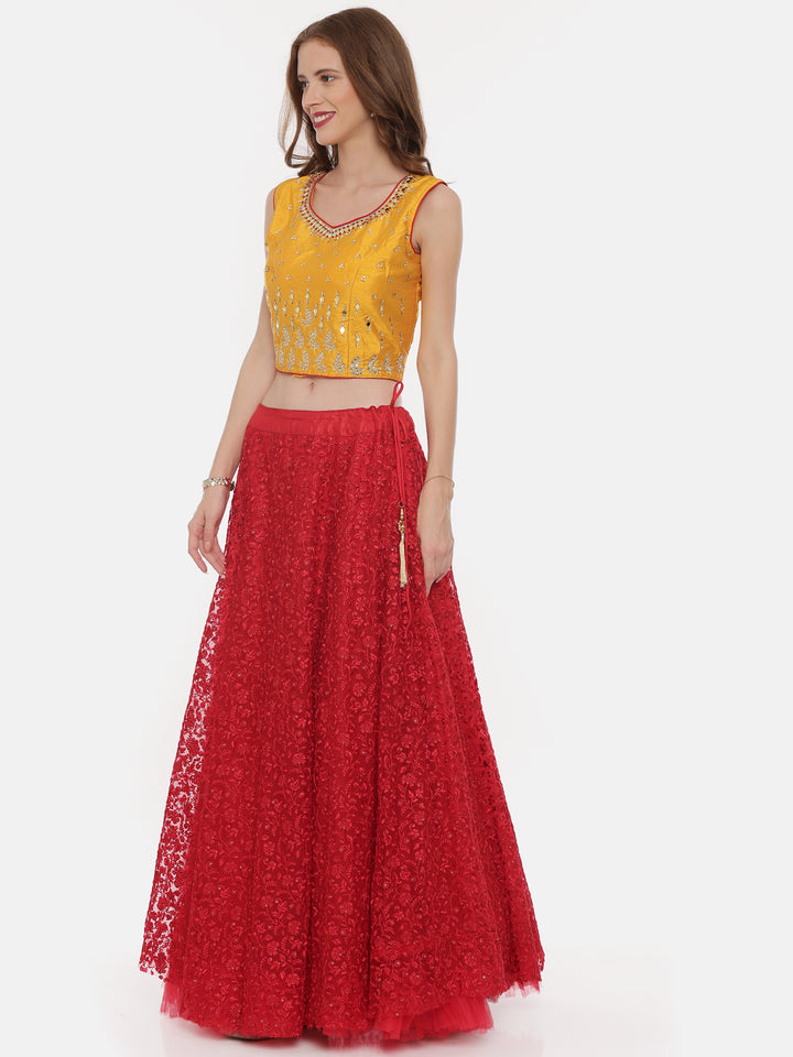 Neerus Yellow Red Color Nett Fabric Ghagra Set