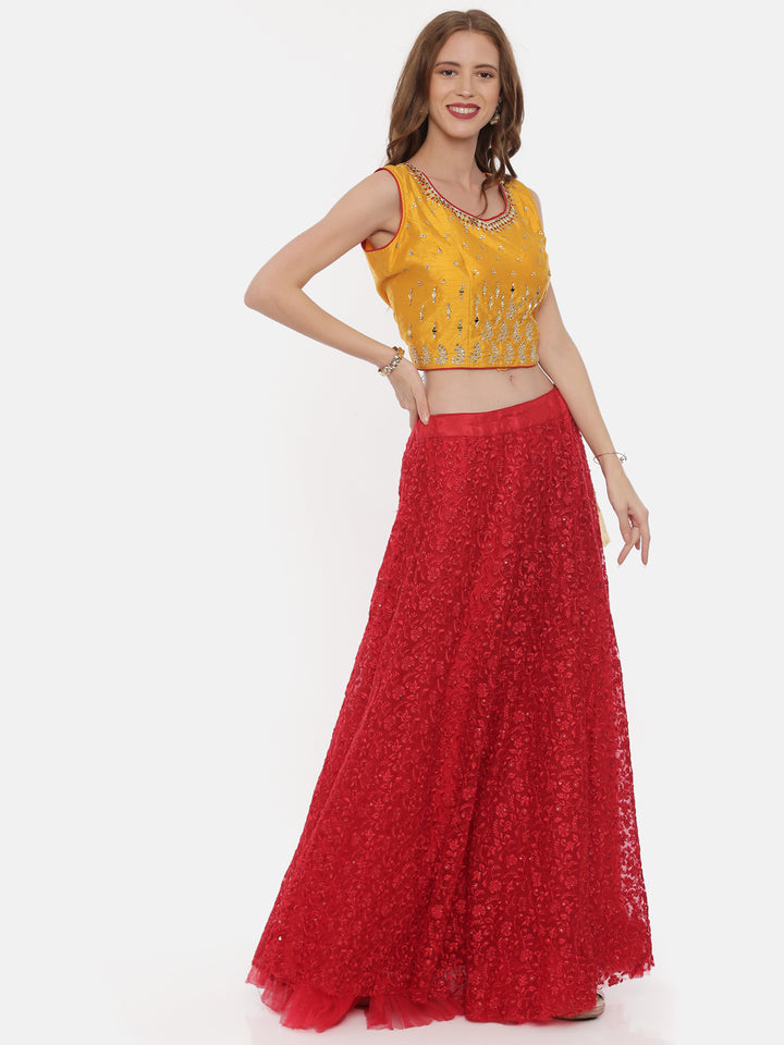 Neerus Yellow Red Color Nett Fabric Ghagra Set