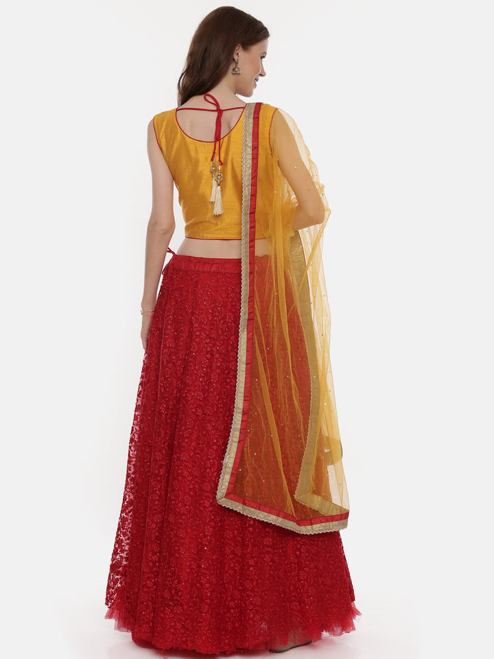 Neerus Yellow Red Color Nett Fabric Ghagra Set
