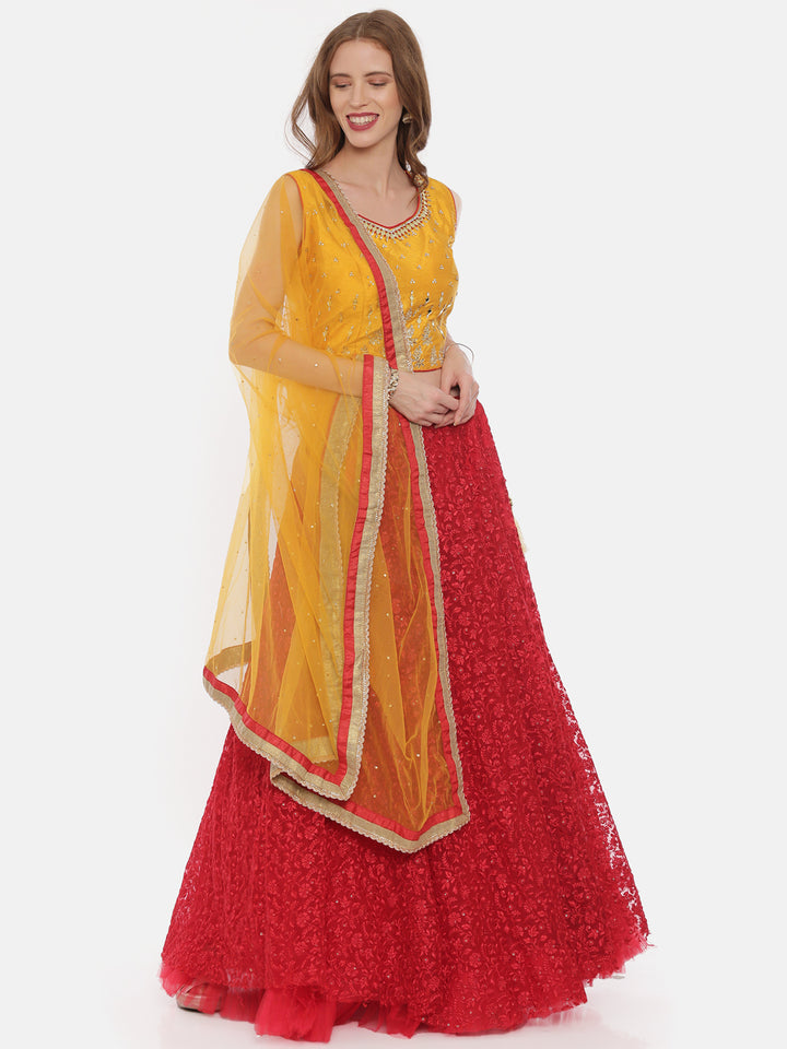 Neerus Yellow Red Color Nett Fabric Ghagra Set