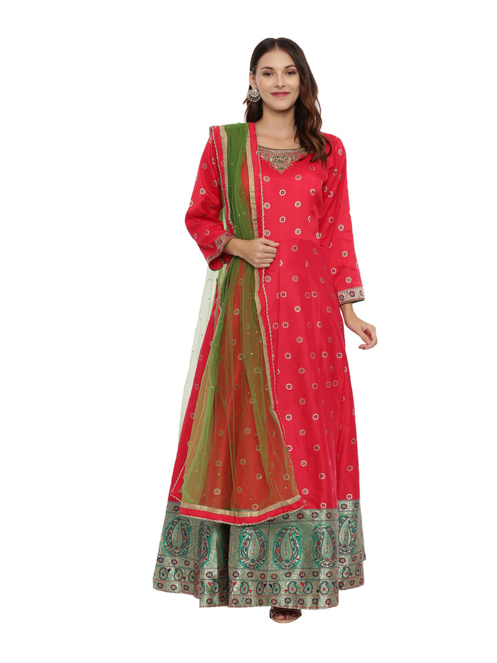 Neerus Red printed anarkali kurta set - front view