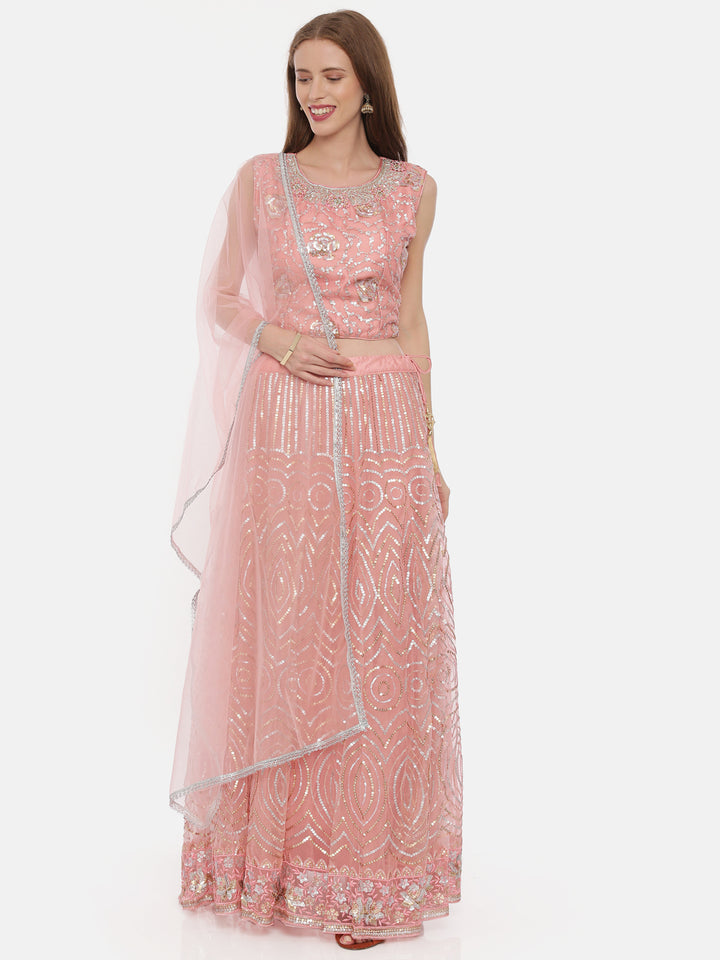 Neerus Pink net embellished lehenga set - front view