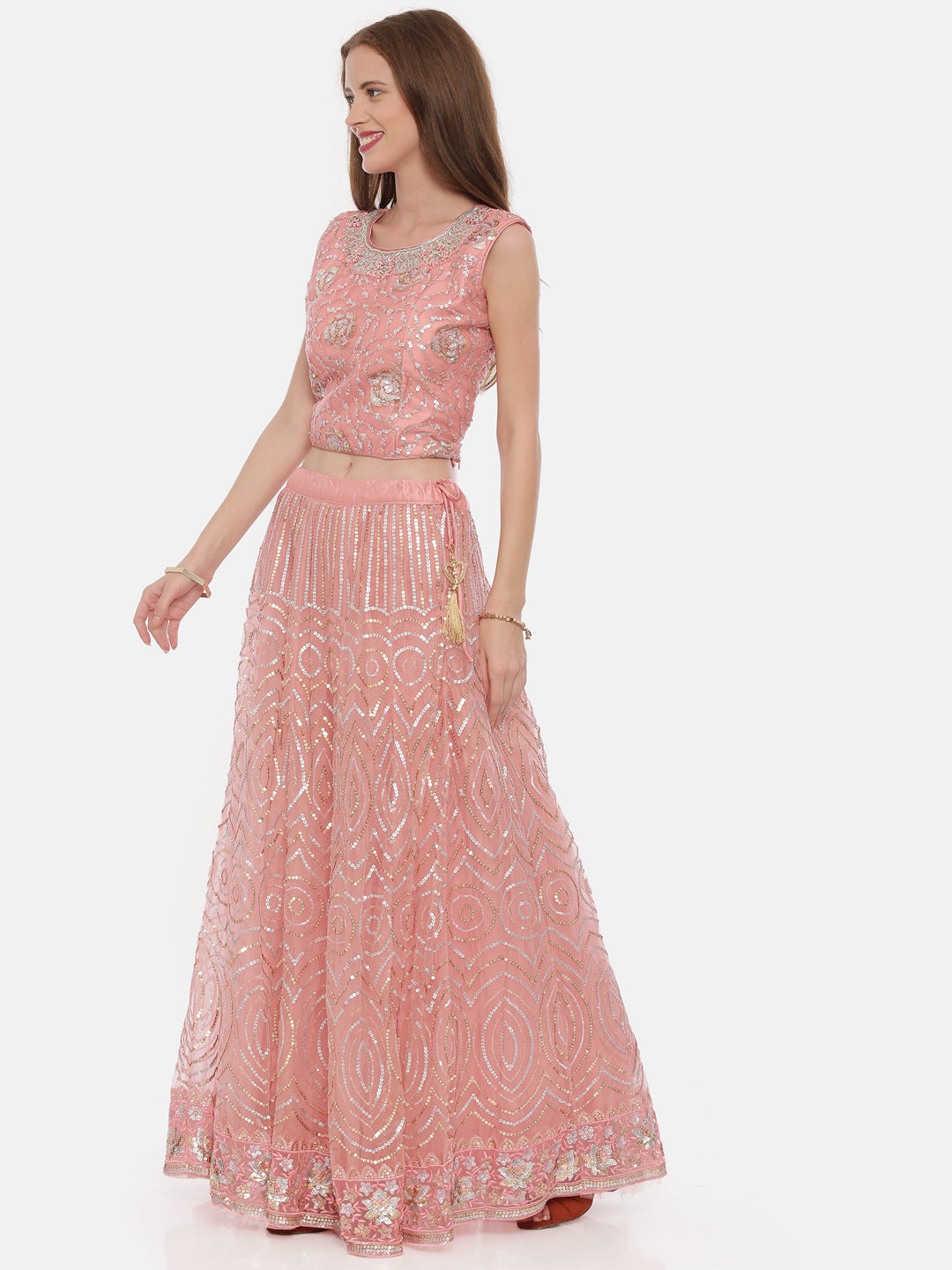 Neerus Pink net embellished lehenga set - detail view 1