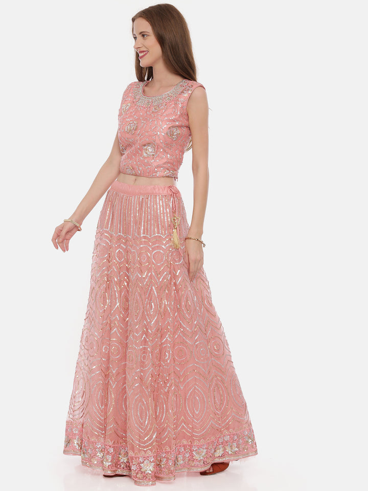 Neerus Pink net embellished lehenga set - detail view 1