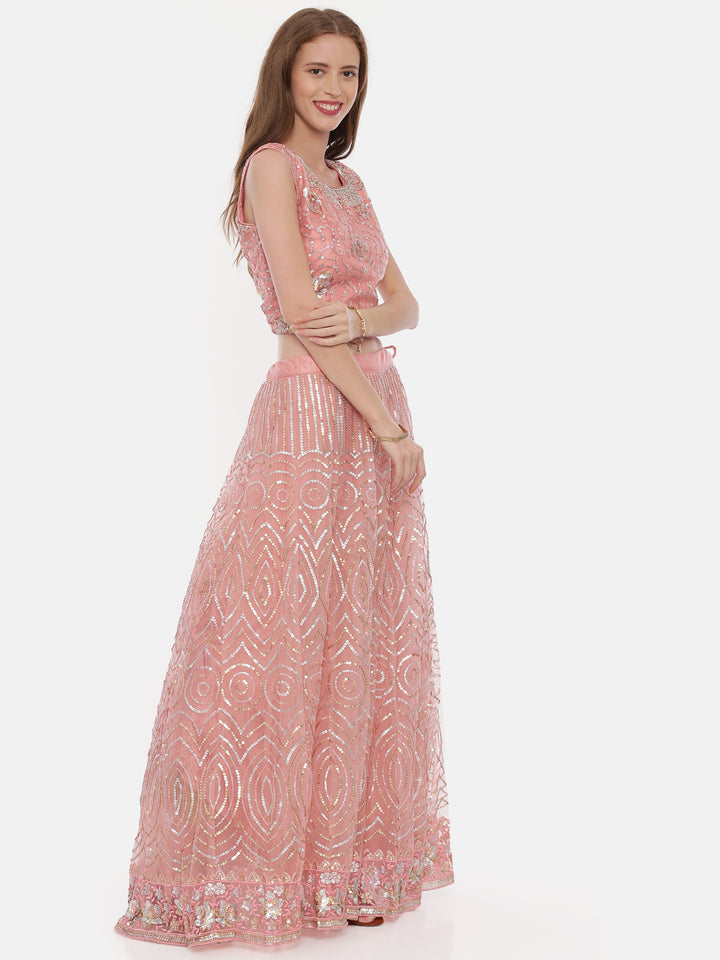 Neerus Pink net embellished lehenga set - detail view 2