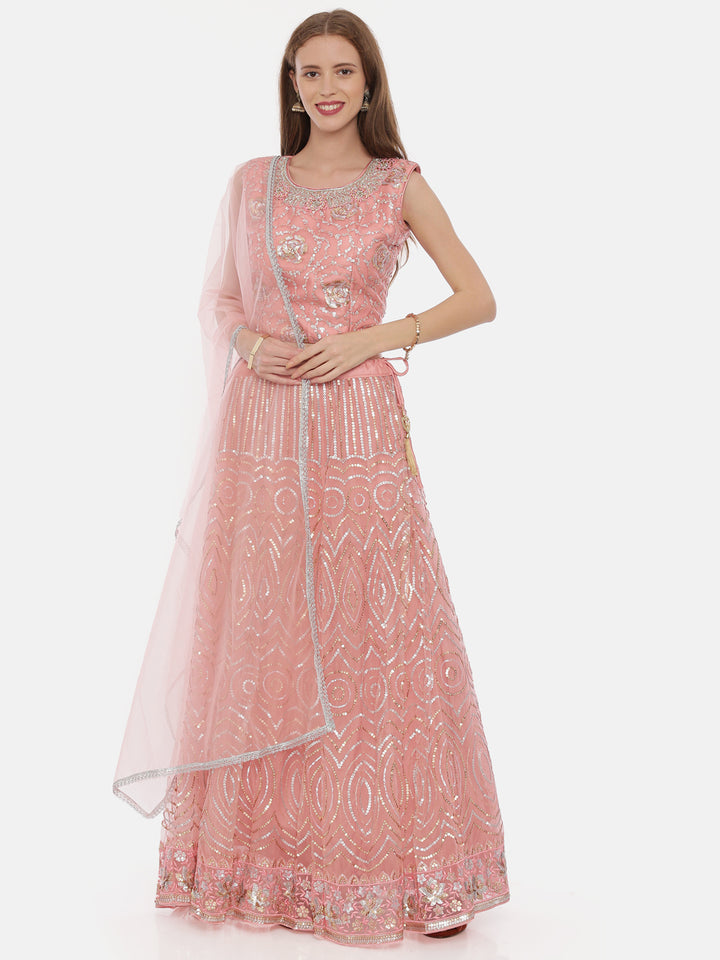 Neerus Pink net embellished lehenga set - detail view 4