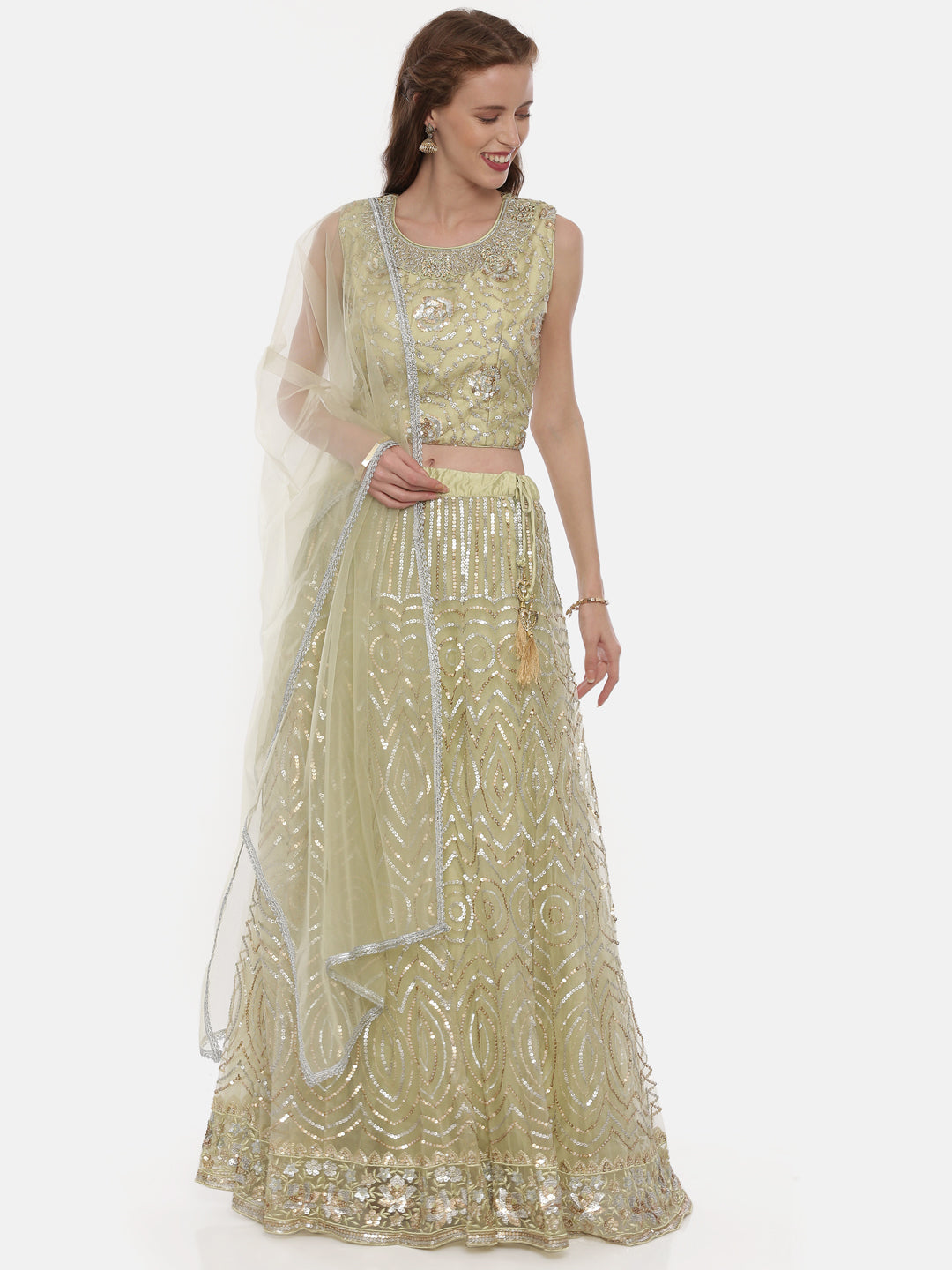 Neerus Green net embellished lehenga set - front view