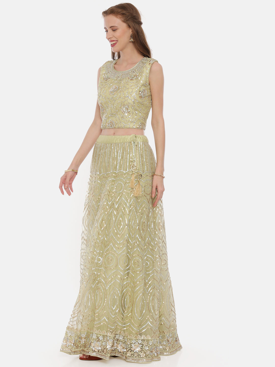 Neerus Green net embellished lehenga set - detail view 1