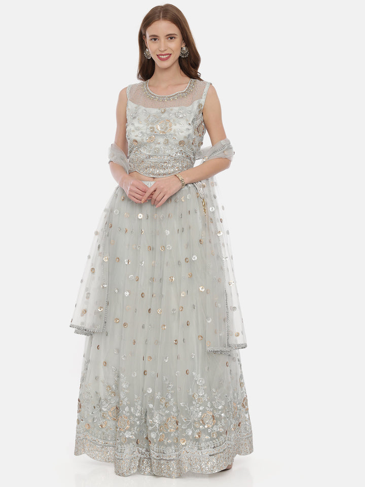 Neerus Grey net embellished lehenga set - front view