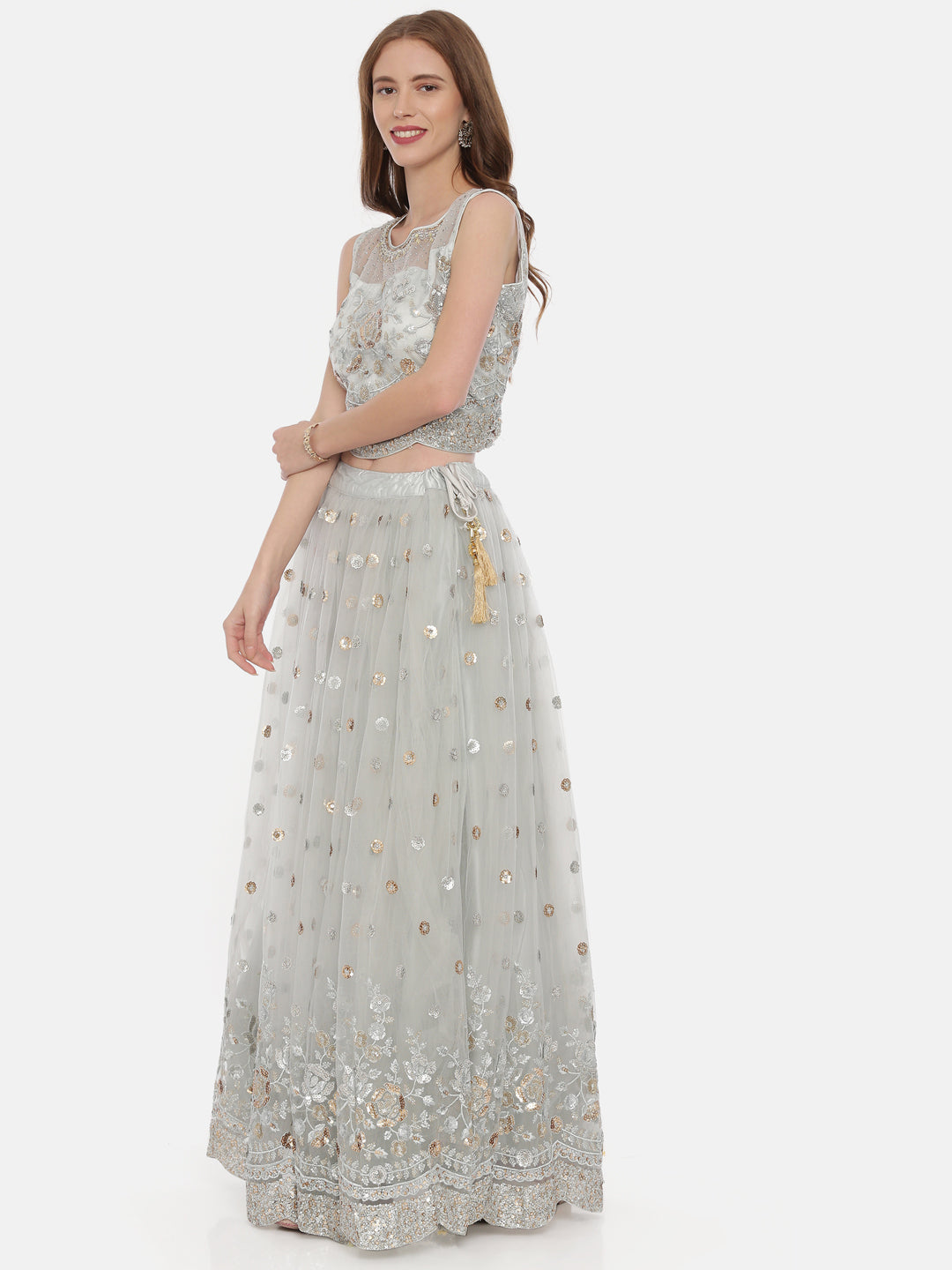 Neerus Grey net embellished lehenga set - detail view 1