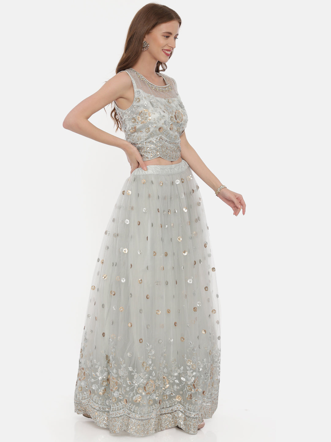 Neerus Grey net embellished lehenga set - detail view 2