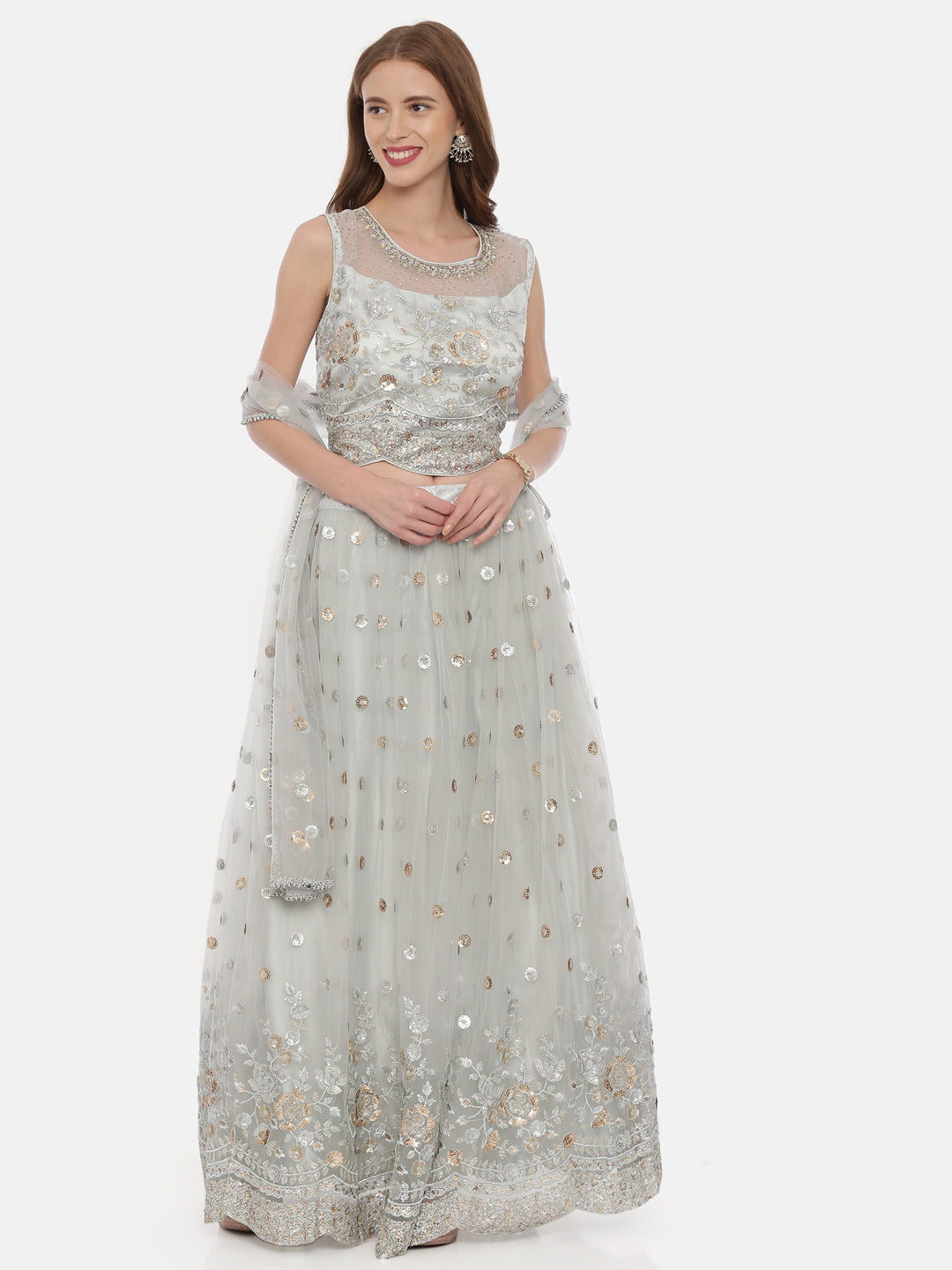 Neerus Grey net embellished lehenga set - detail view 4