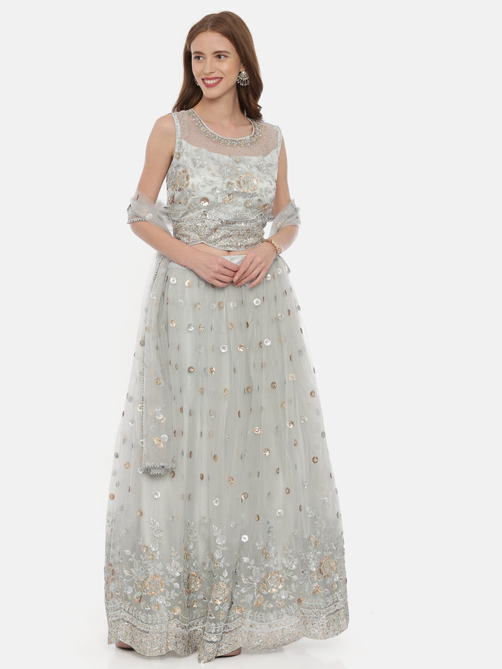 Neerus Grey net embellished lehenga set - detail view 4