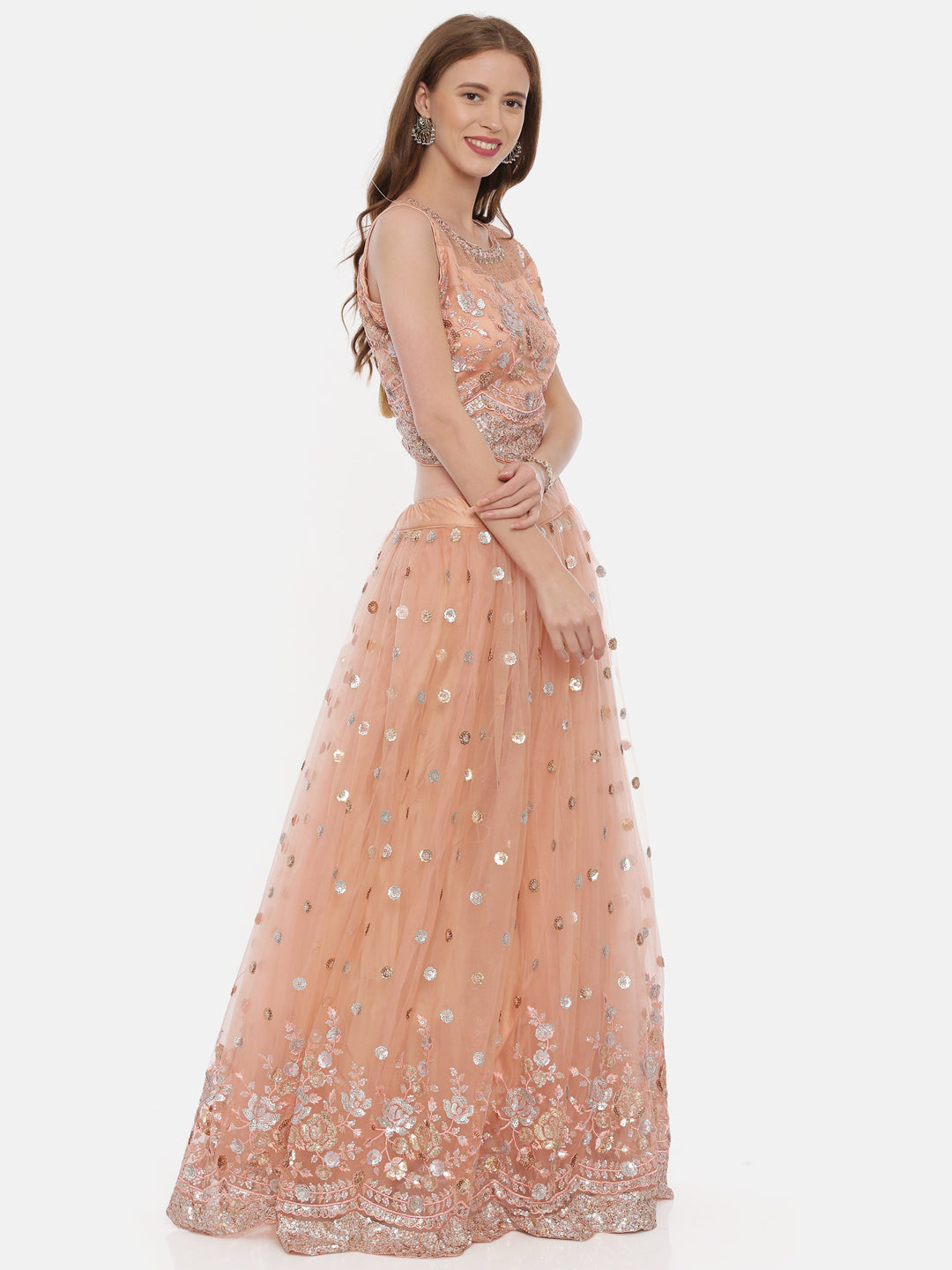 Neerus Peach Embellished Lehenga Set