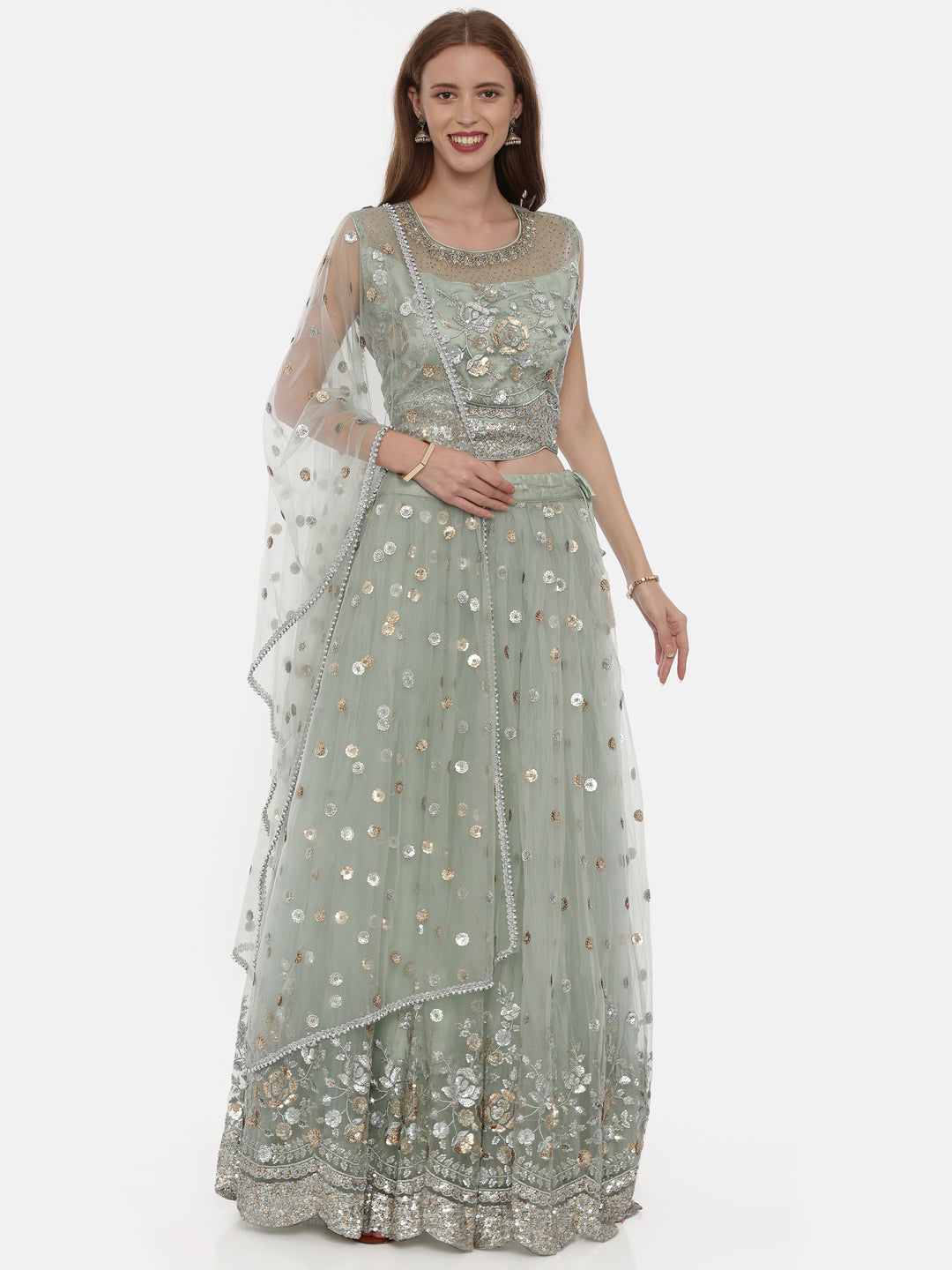 Neeru'S Pista Green Color,Nett Fabric Ghagra Set