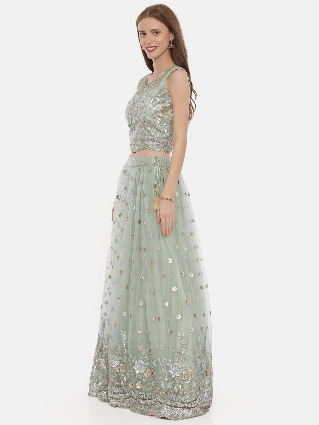 Neerus Pista Green Color Nett Fabric Ghagra Set