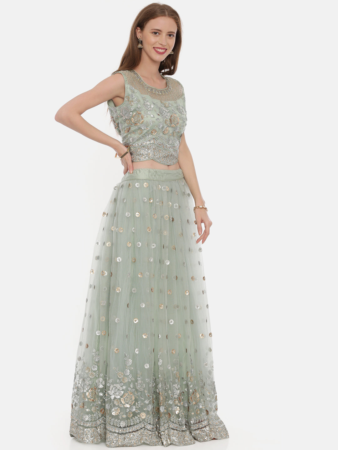 Neerus Pista Green Color Nett Fabric Ghagra Set