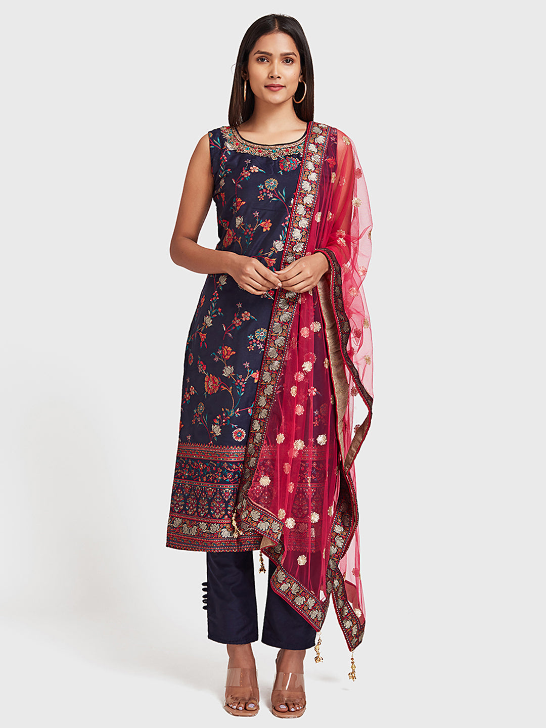 Neerus Navy Blue Color Muslin Fabric Suit-Pant