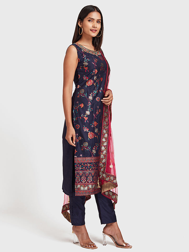 Neerus Navy Blue Color Muslin Fabric Suit-Pant