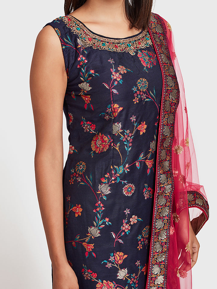 Neerus Navy Blue Color Muslin Fabric Suit-Pant