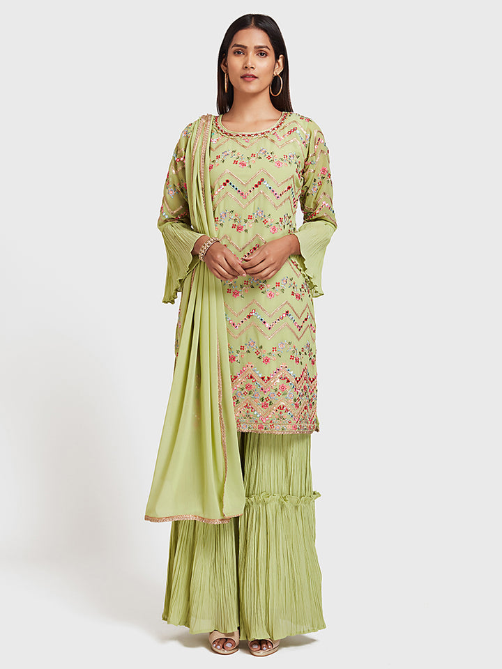 Neerus Green embellished anarkali sharara set - front view