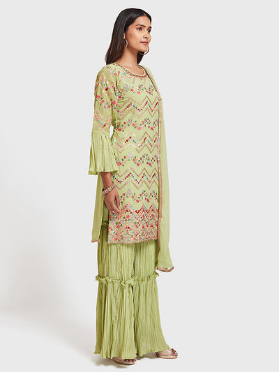 Neeru's Green Embellished Kurta With Sharara & Dupatta