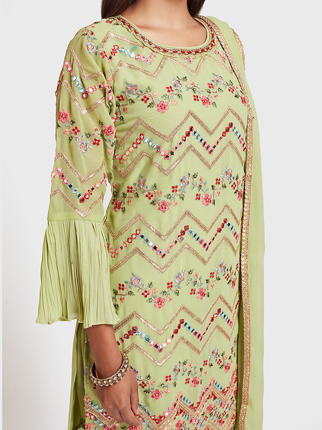 Neerus Green embellished anarkali sharara set - detail view 1