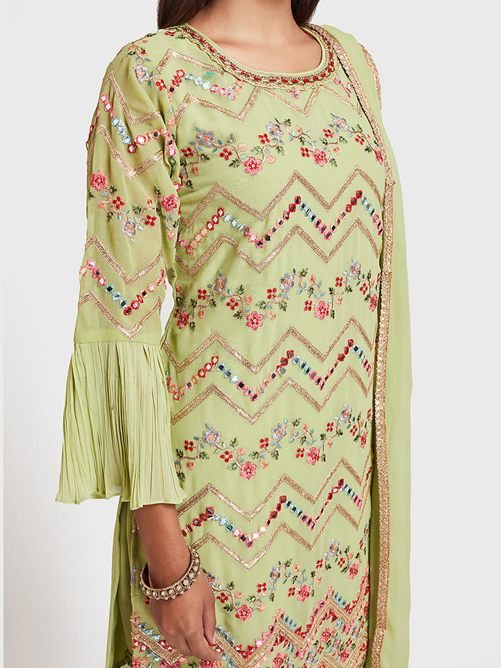 Neerus Green embellished anarkali sharara set - detail view 1