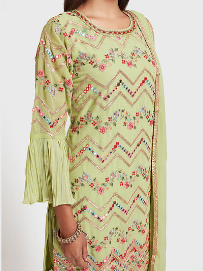 Neeru's Green Embellished Kurta With Sharara & Dupatta