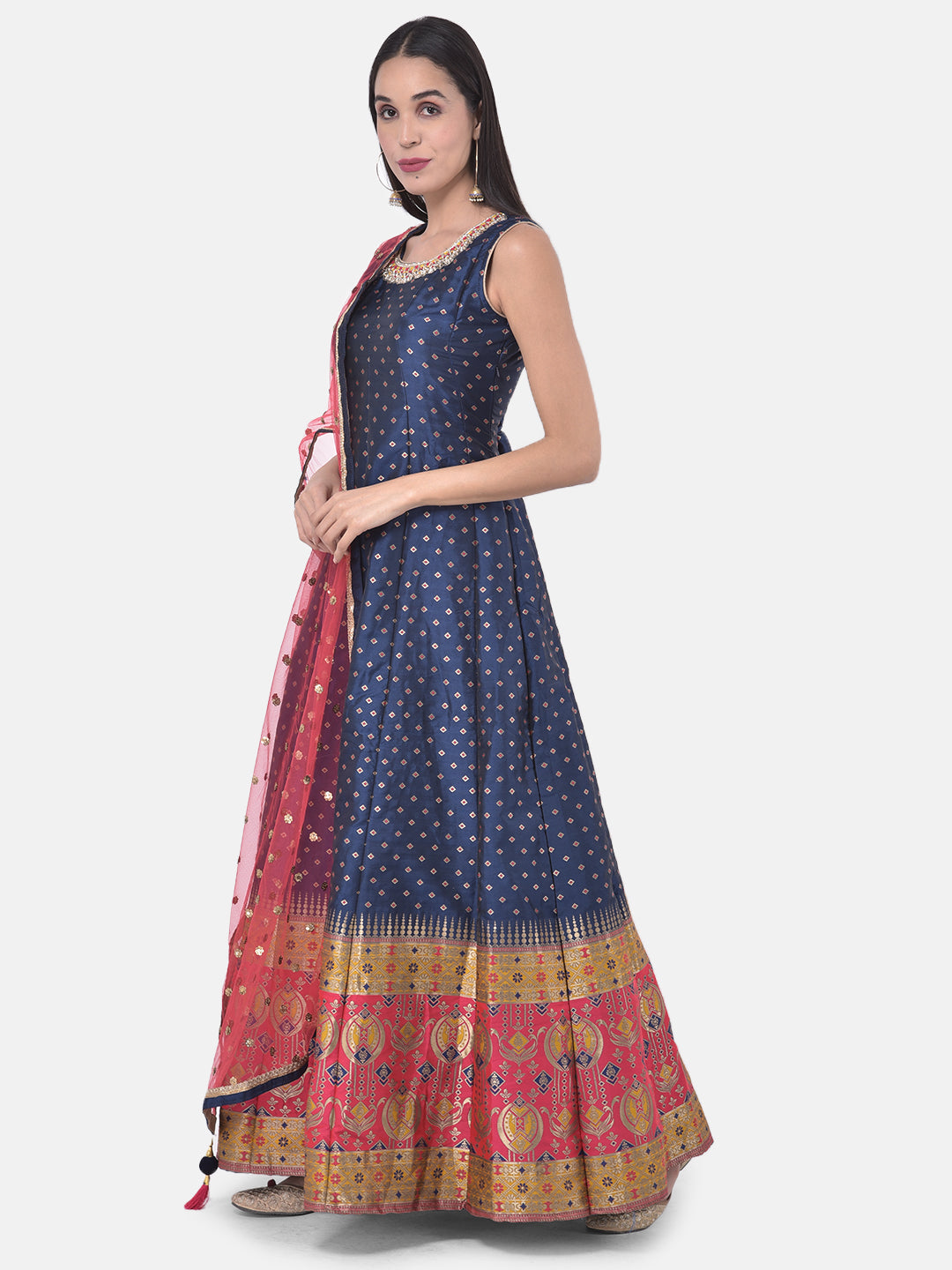 Neerus Blue georgette printed anarkali kurta set - back view
