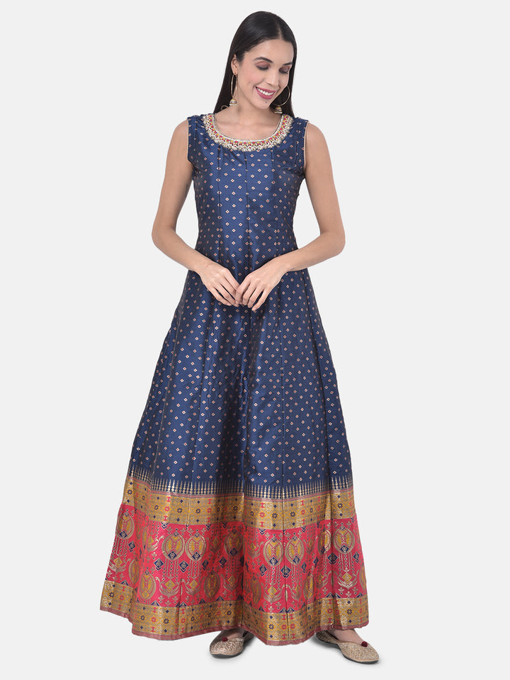 Neerus Blue georgette printed anarkali kurta set - detail view 4