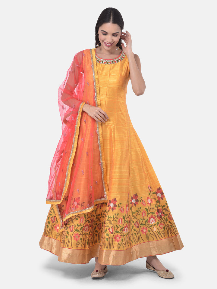 Neerus Yellow & Pink Printed Anarkali Kurta With Dupatta