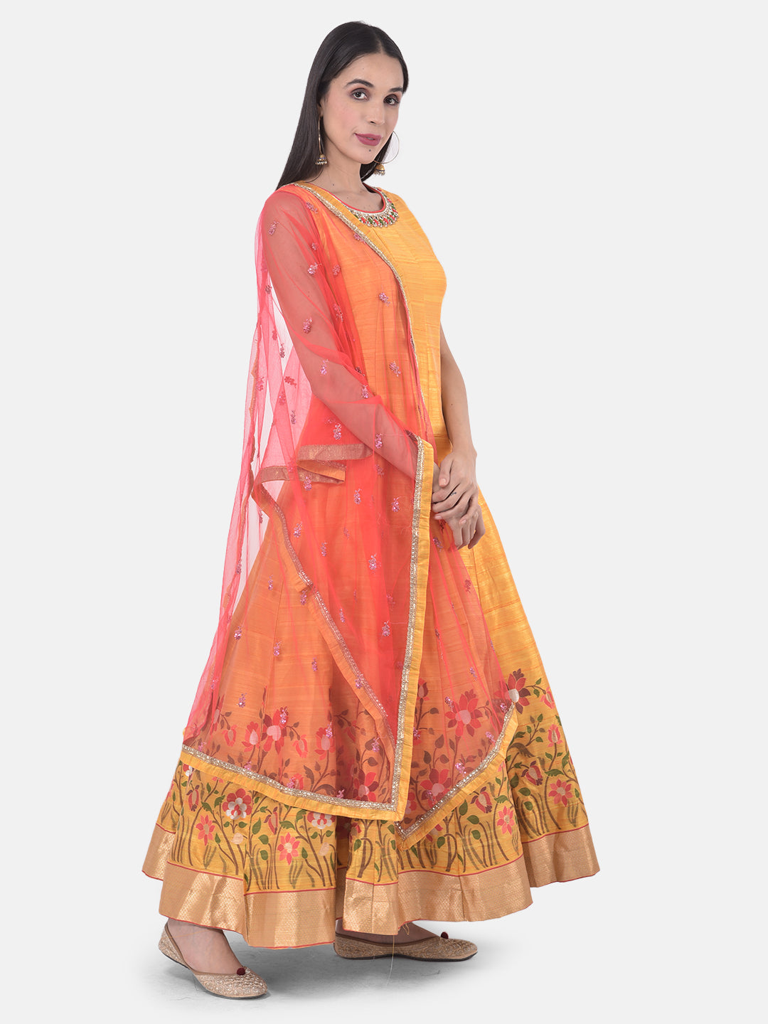 Neeru's Yellow & Pink Printed Anarkali Kurta With Dupatta