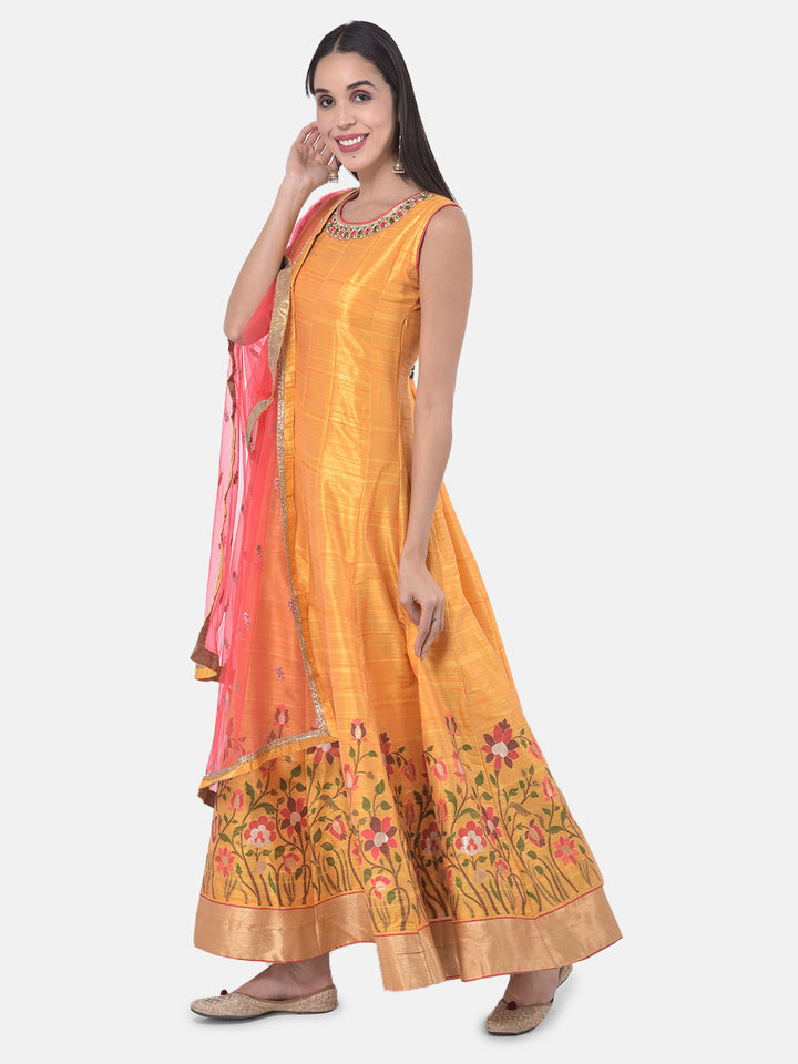 Neerus Yellow & Pink Printed Anarkali Kurta With Dupatta