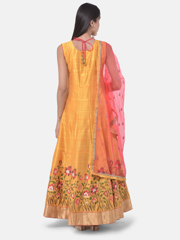 Neerus Yellow & Pink Printed Anarkali Kurta With Dupatta