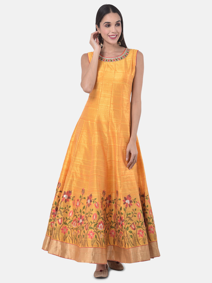 Neerus Yellow & Pink Printed Anarkali Kurta With Dupatta