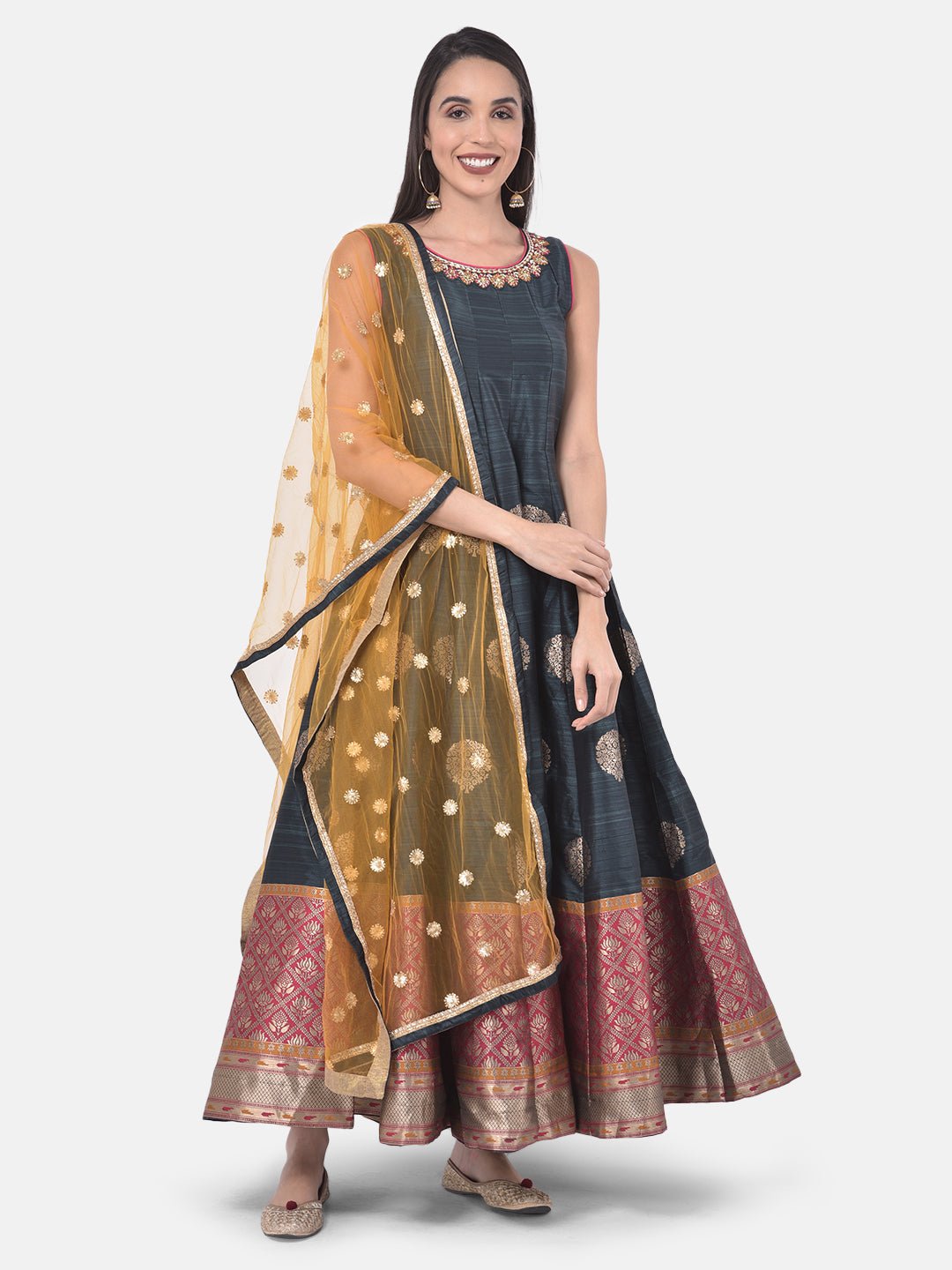 Neerus Grey & Yellow Printed Anarkali Kurta With Dupatta