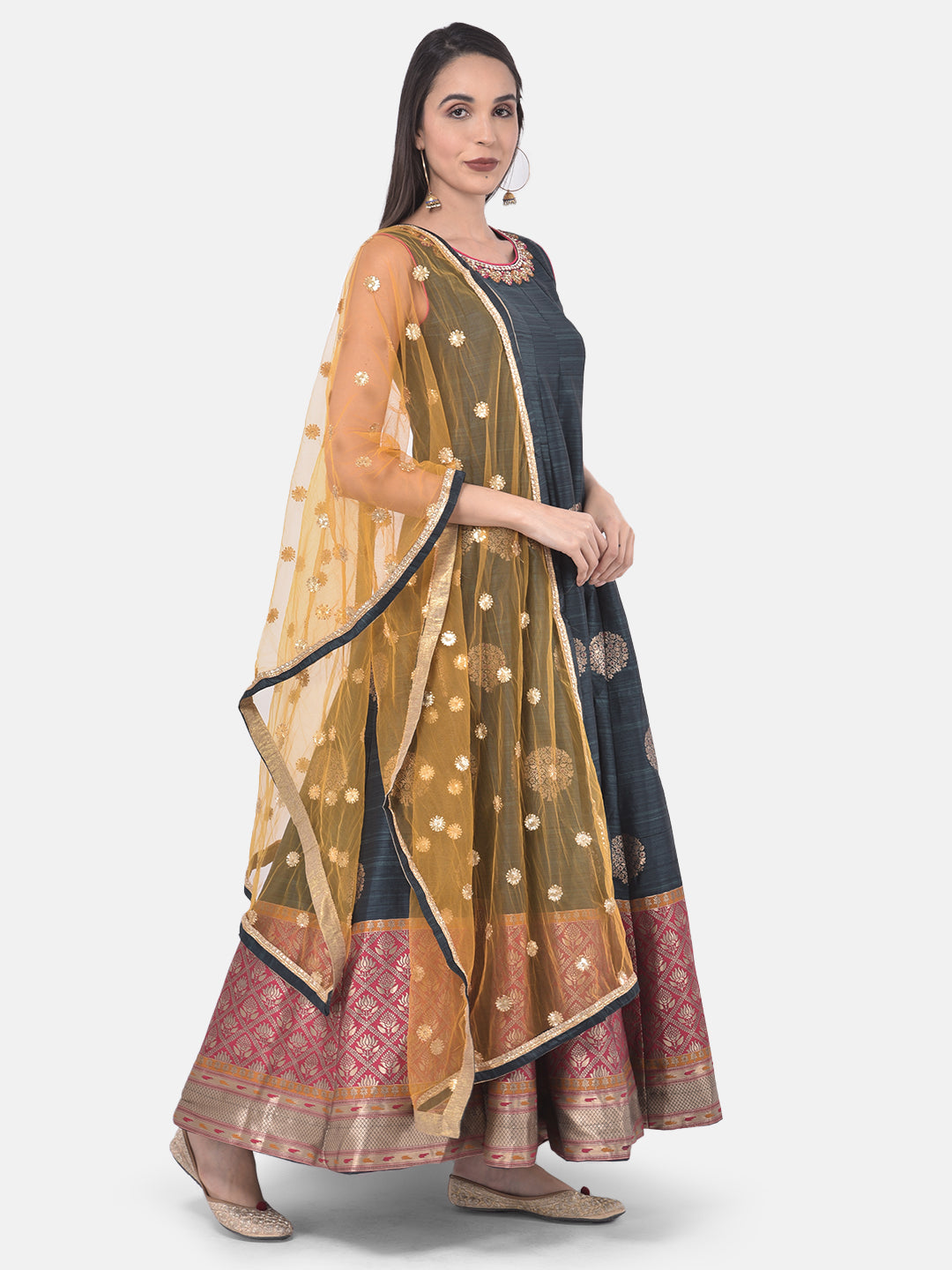 Neerus Grey & Yellow Printed Anarkali Kurta With Dupatta
