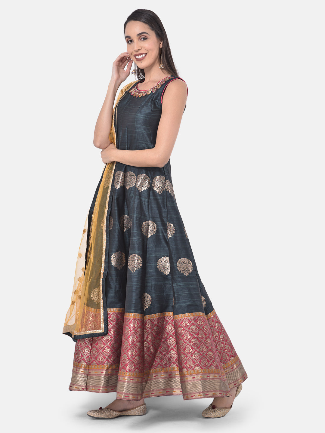 Neerus Grey & Yellow Printed Anarkali Kurta With Dupatta