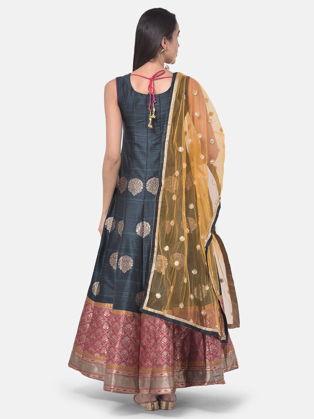 Neerus Grey & Yellow Printed Anarkali Kurta With Dupatta