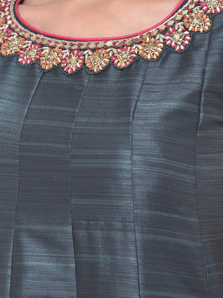 Neerus Grey & Yellow Printed Anarkali Kurta With Dupatta