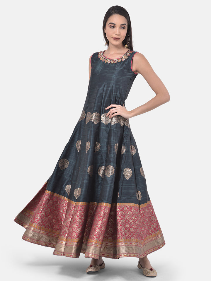 Neerus Grey & Yellow Printed Anarkali Kurta With Dupatta